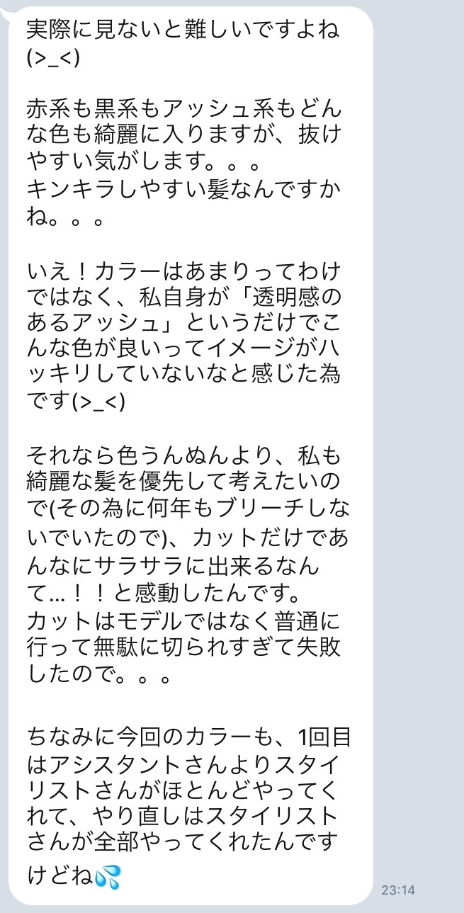 Line にてご相談 カラーモデル やり直しでうまくいかなかった 美容師さんとの相性とイメージの共有 カウンセリングは非常に大事というお話 Liss 恵比寿 フリーランス美容師のみの美容室 代表 渡辺真一 髪を綺麗にする仕事 コンプレックス お悩み相談